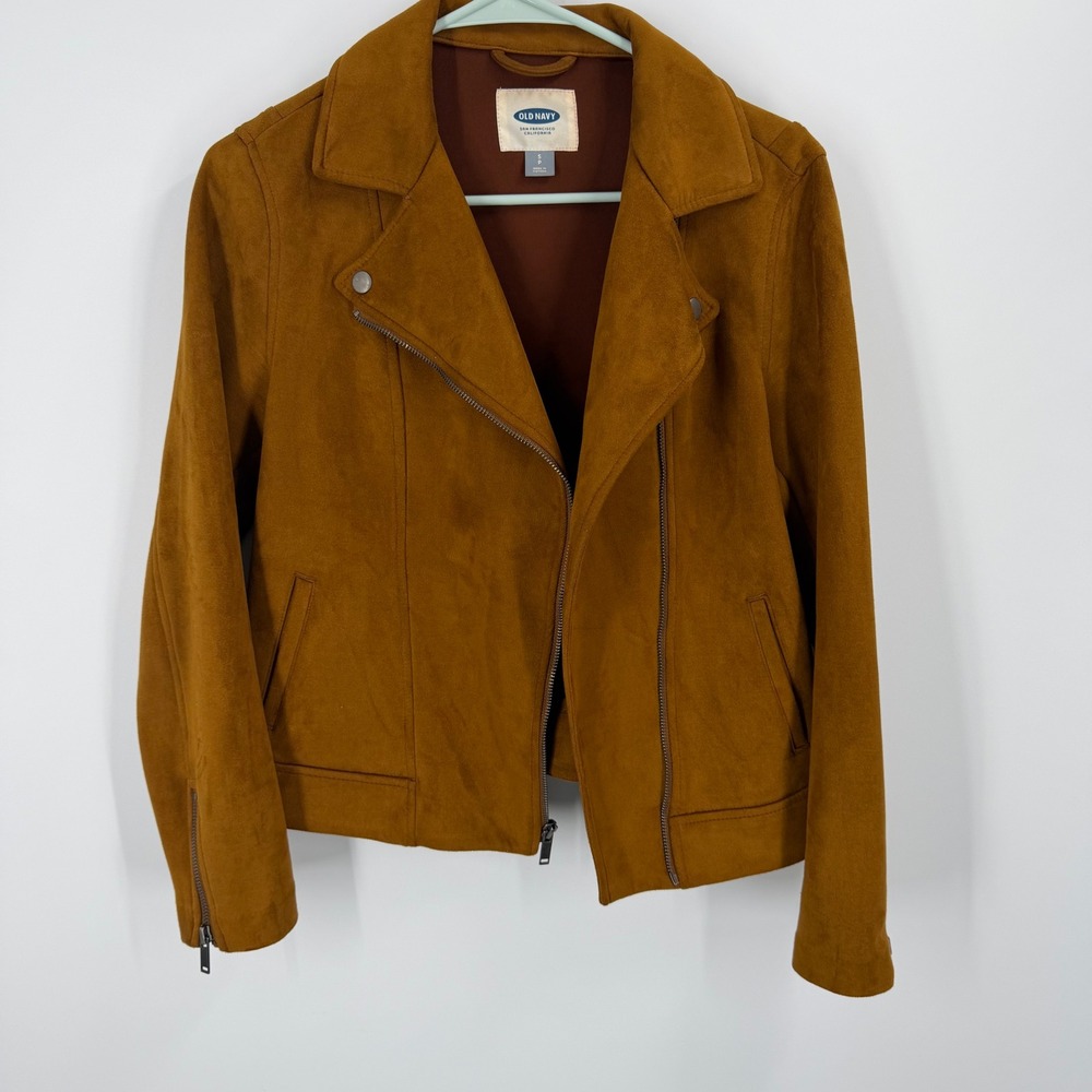 Old Navy Moto Jacket Women Small Brown Faux Suede Asymmetric Zip